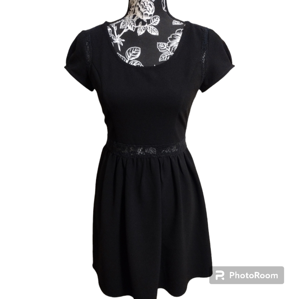 Anthropologie Pins & Needles Black Skater Dress Lace Inset Crepe Mini